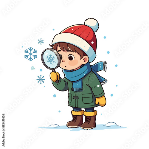 A joyful cartoon boy wearing a winter hat and scarf plays with a snowman in the snow
