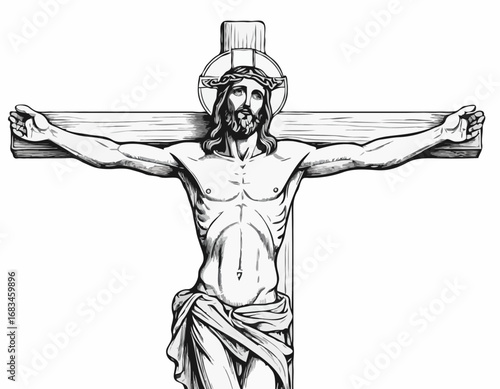 Crucifix cross with jesus sketch hand drawn engraved style religion Vector illustration