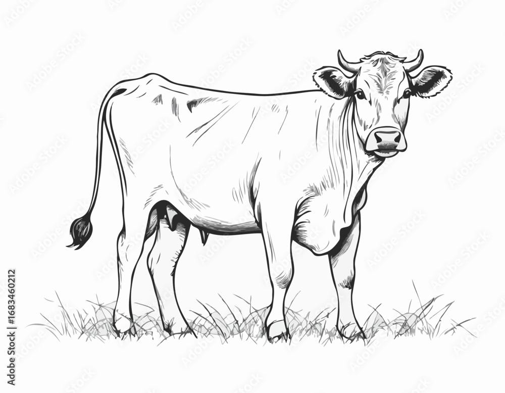 Fototapeta premium Farm cow hand drawn sketch illustration, Livestock