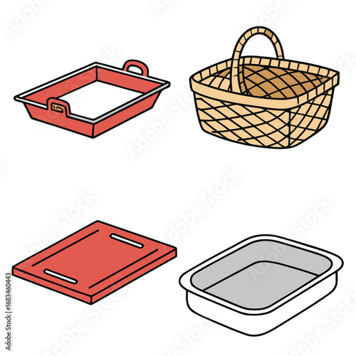 Illustration of four containers including a basket and three trays with different colors and shapes