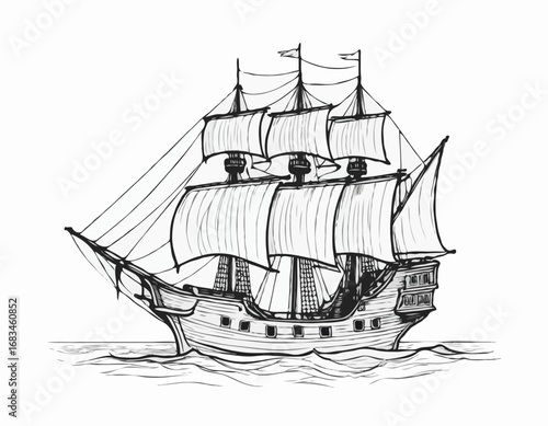 Pirate ship hand drawn sketch Vector illustration