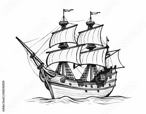 Pirate ship hand drawn sketch Vector illustration