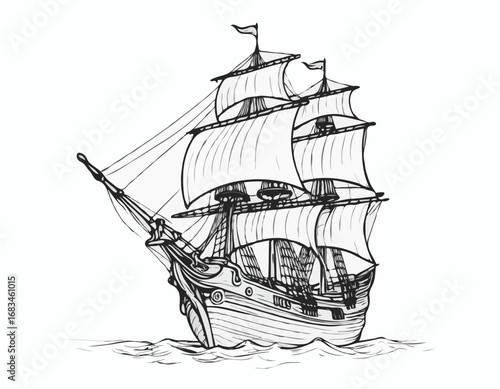 Pirate ship hand drawn sketch Vector illustration