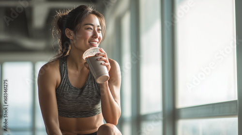 プロテインを飲む女性