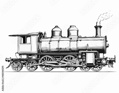 Steam locomotive old retro sketch hand drawn side view.Vector illustration.