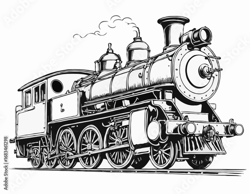 Steam locomotive old retro sketch hand drawn side view.Vector illustration.