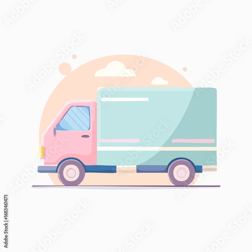 Pastel pink and teal delivery truck driving against a soft background.