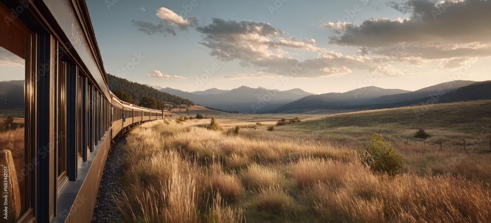 Fototapeta premium Scenic train journey through golden grasslands