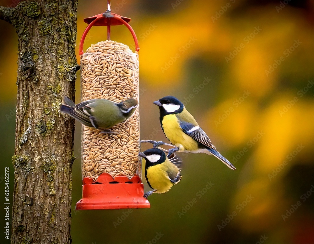 Naklejka premium Colorful exotic birds perched on branches and feeders in vibrant natural backgrounds, featuring cardinals, parrots, finches, hummingbirds, woodpeckers, and tropical wildlife