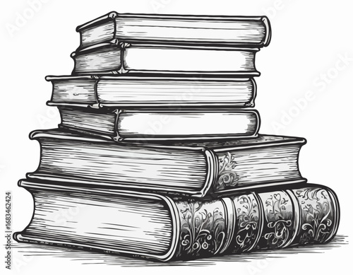Vertical stack of old vintage books sketch, hand drawn in doodle style Vector illustration.
