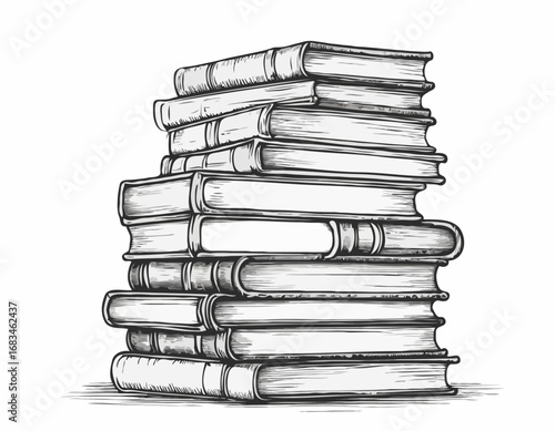 Vertical stack of old vintage books sketch, hand drawn in doodle style Vector illustration.