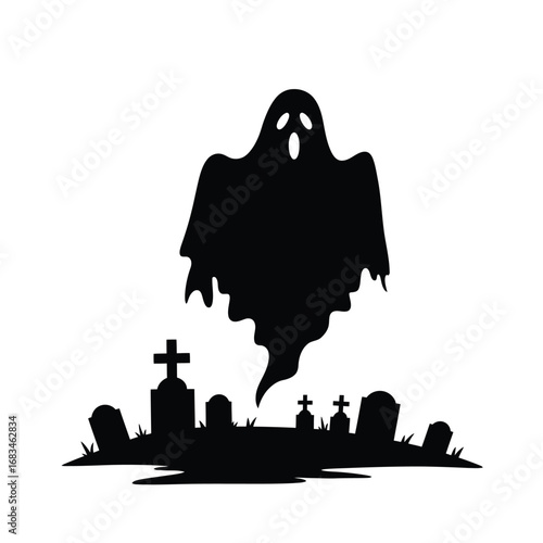Ghost hovering over graveyard tombstones spooky halloween