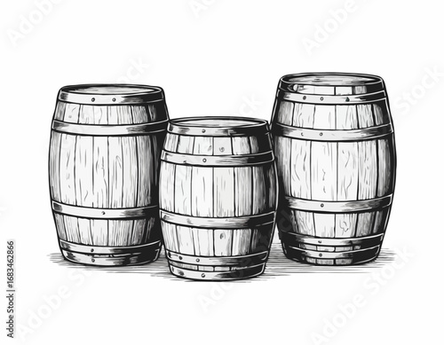 Three vintage wooden barrels for wine and beer hand drawn sketch engraving style Vector illustration