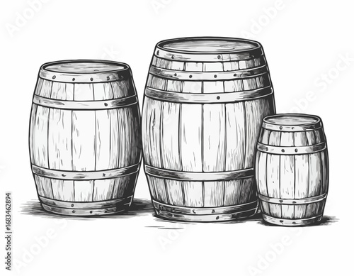 Three vintage wooden barrels for wine and beer hand drawn sketch engraving style Vector illustration