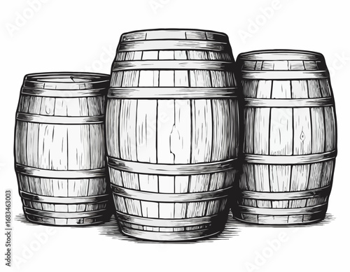 Three vintage wooden barrels for wine and beer hand drawn sketch engraving style Vector illustration