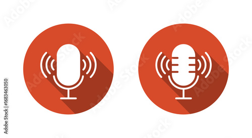 Mic, microphone with sound wave icon. Podcast, streaming, and audio recording symbol with long shadow