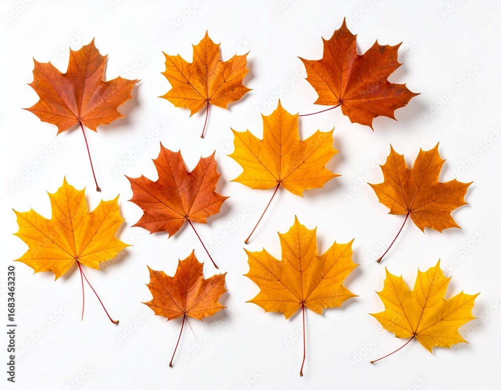 Obraz premium Flat Lay of Autumn Maple Leaves on White Background – Realistic Shadows, Cutout Ready