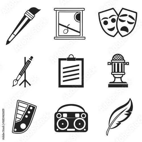 A collection of artistic and creative icons including painting, music, and theatrical elements