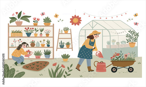 A woman watering plants in a cozy greenhouse with shelves of potted plants