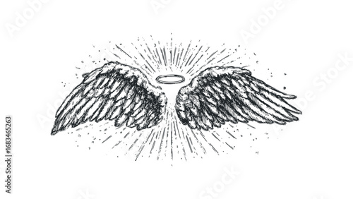 Sketchy Angel Wings with Halo and Radiant Lines. Vector hand drawn illustration