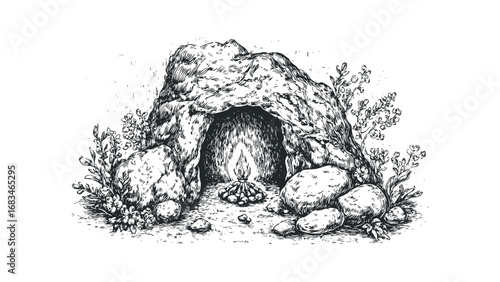 Cave entrance with campfire and surrounding flora sketch. Vector hand drawn illustration