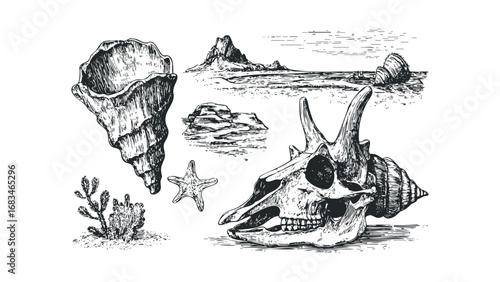 Vintage sketch of marine life and a skull on a beach with mountains. Vector hand drawn illustration