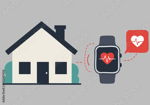 A modern illustration depicts a house and smartwatch, symbolizing health monitoring and remote care. The design uses a clean, graphic style with a focus on connectivity and well-being.