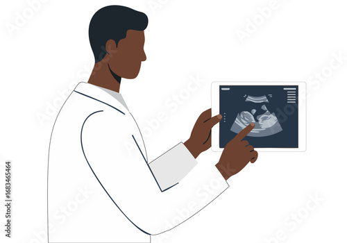 A professional Black doctor examines an ultrasound image on a tablet, conveying a reassuring moment of prenatal care. Clean, modern illustration.