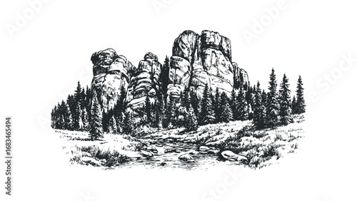Pencil sketch of rocky mountain peaks surrounded by pine forest and flowing stream. Vector hand drawn illustration
