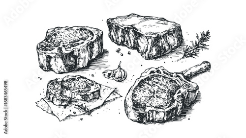 Hand drawn steak cuts with garlic and rosemary. Vector hand drawn illustration