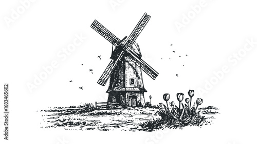 Sketch of a historic windmill beside blooming tulips and birds in flight. Vector hand drawn illustration