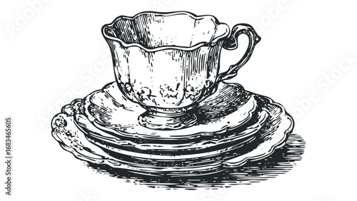 Engraved Teacup and Saucers Stacked. Vector hand drawn illustration