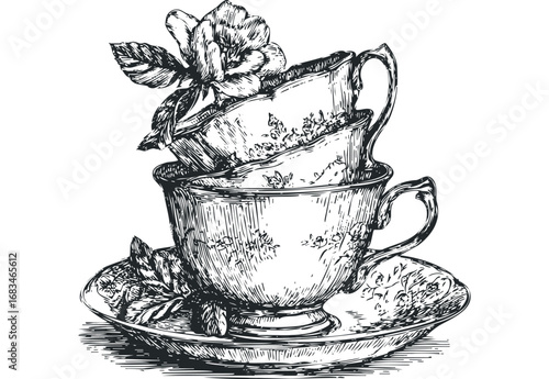 Vintage Teacups Stacked with Flowers and Leaves Pen and Ink Drawing. Vector hand drawn illustration