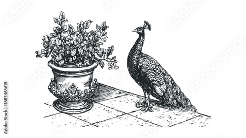 Elegant Peacock Stands Beside Ornate Planter with Lush Foliage. Vector hand drawn illustration