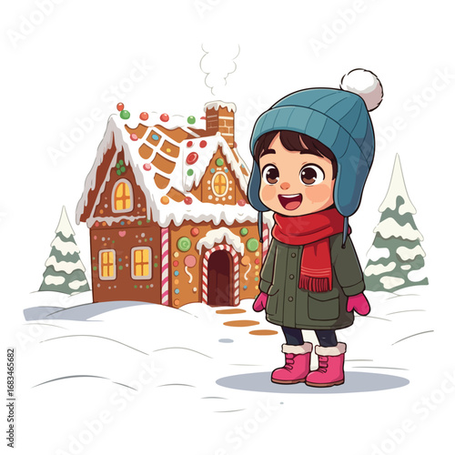 An illustration of a little girl in a cartoon house holding a Christmas gift