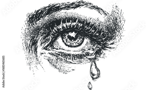 Dramatic human eye shedding a tear with intense textured detail. Vector hand drawn illustration