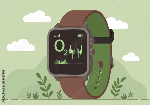 A stylish smartwatch displays oxygen levels, set against a serene green landscape.  Modern design, sustainable concept, health tracking.  Clean, bright, and visually appealing.