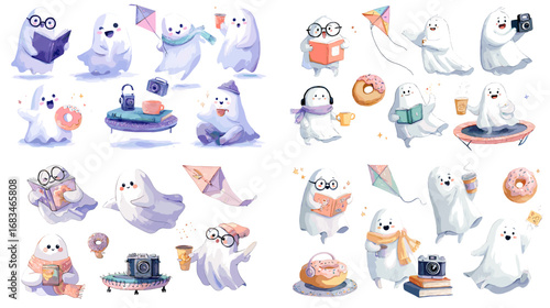 Adorable watercolor illustration of cute ghosts reading books, eating donuts, taking photos, and playing with kites. Fun kawaii character design for playful themes.