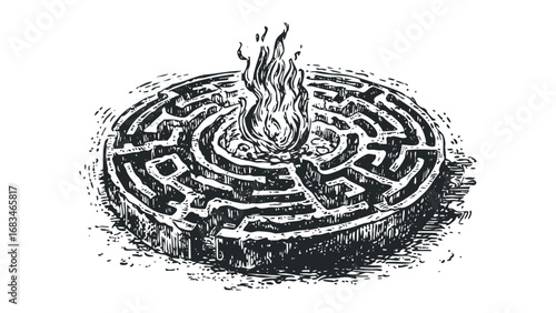 Circular maze with fire rising from the center. Vector hand drawn illustration