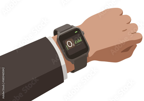 A stylish wrist watch displays an oxygen level reading on a man's hand in a suit. Modern, digital design. Suitable for health, technology, and business themes.
