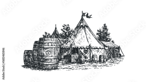 Vintage Tent with Barrels and Flag on Transparent. Vector hand drawn illustration