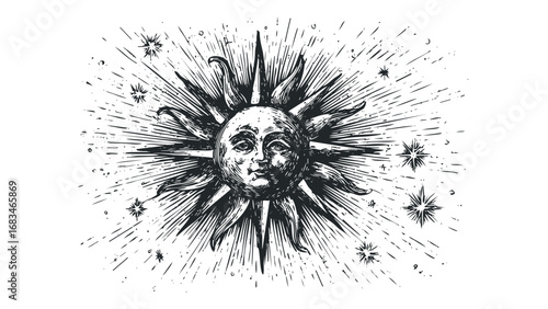 Celestial Sun with Face and Stars Ink Design on Transparent Background. Vector hand drawn illustration