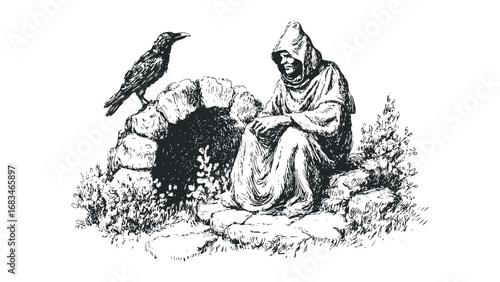 Hooded figure with crow beside stone well sketch. Vector hand drawn illustration