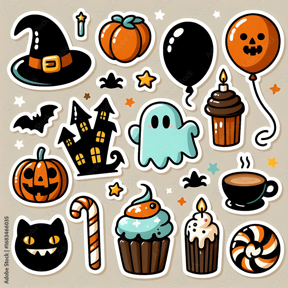 Fototapeta premium Set of Halloween cartoon stickers isolated on white background