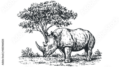 Rhino grazing beneath a textured tree in a sketch style. Vector hand drawn illustration