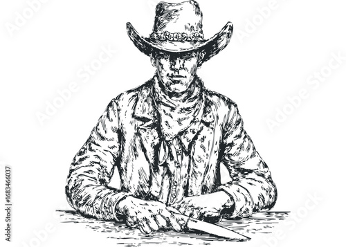 Man in Cowboy Hat Sitting with Knife, Hand-Drawn Sketch. Vector hand drawn illustration