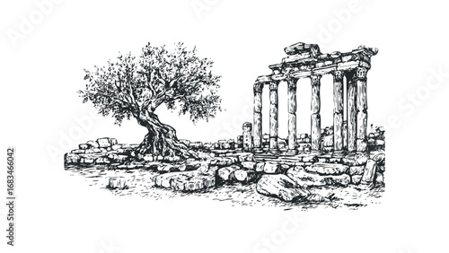 Ancient ruins with a gnarled tree and broken stone columns sketched on transparent background. Vector hand drawn illustration