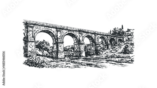 Hand-drawn sketch of an ancient stone aqueduct with arched spans and surrounding landscape. Vector hand drawn illustration