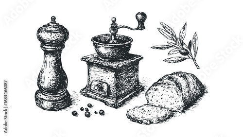 Vintage pepper grinder with bread and olive branch sketch. Vector hand drawn illustration