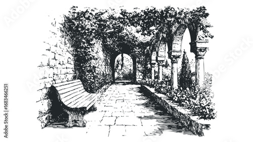 Sketch of a Garden Pathway with Arches and a Bench. Vector hand drawn illustration
